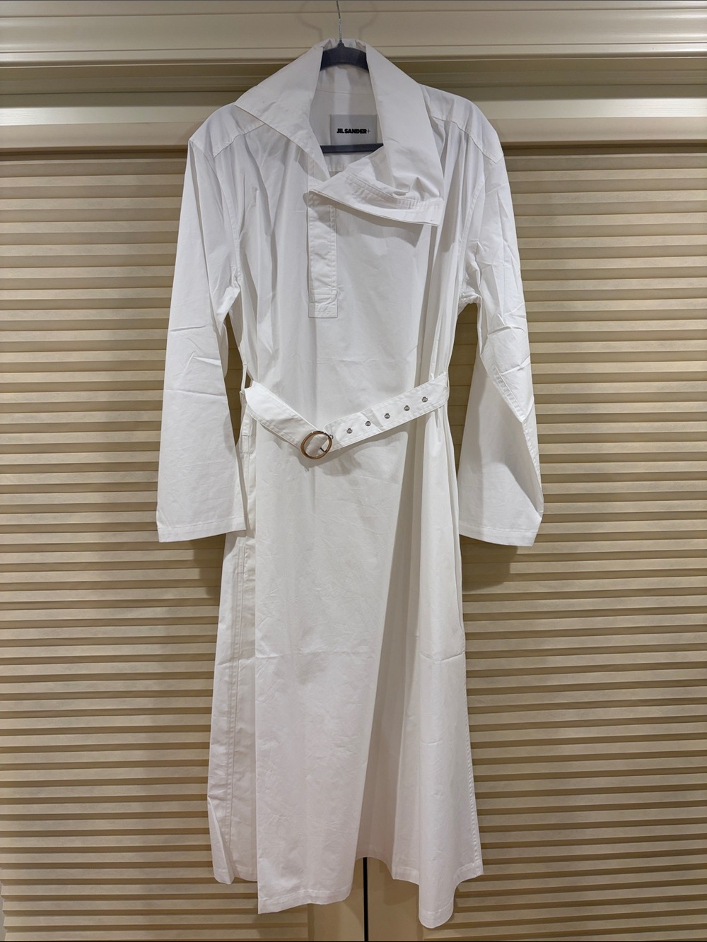 NWOT Jil Sander White Long-Sleeve Belted Cotton Shirtdress, Size 36 = M